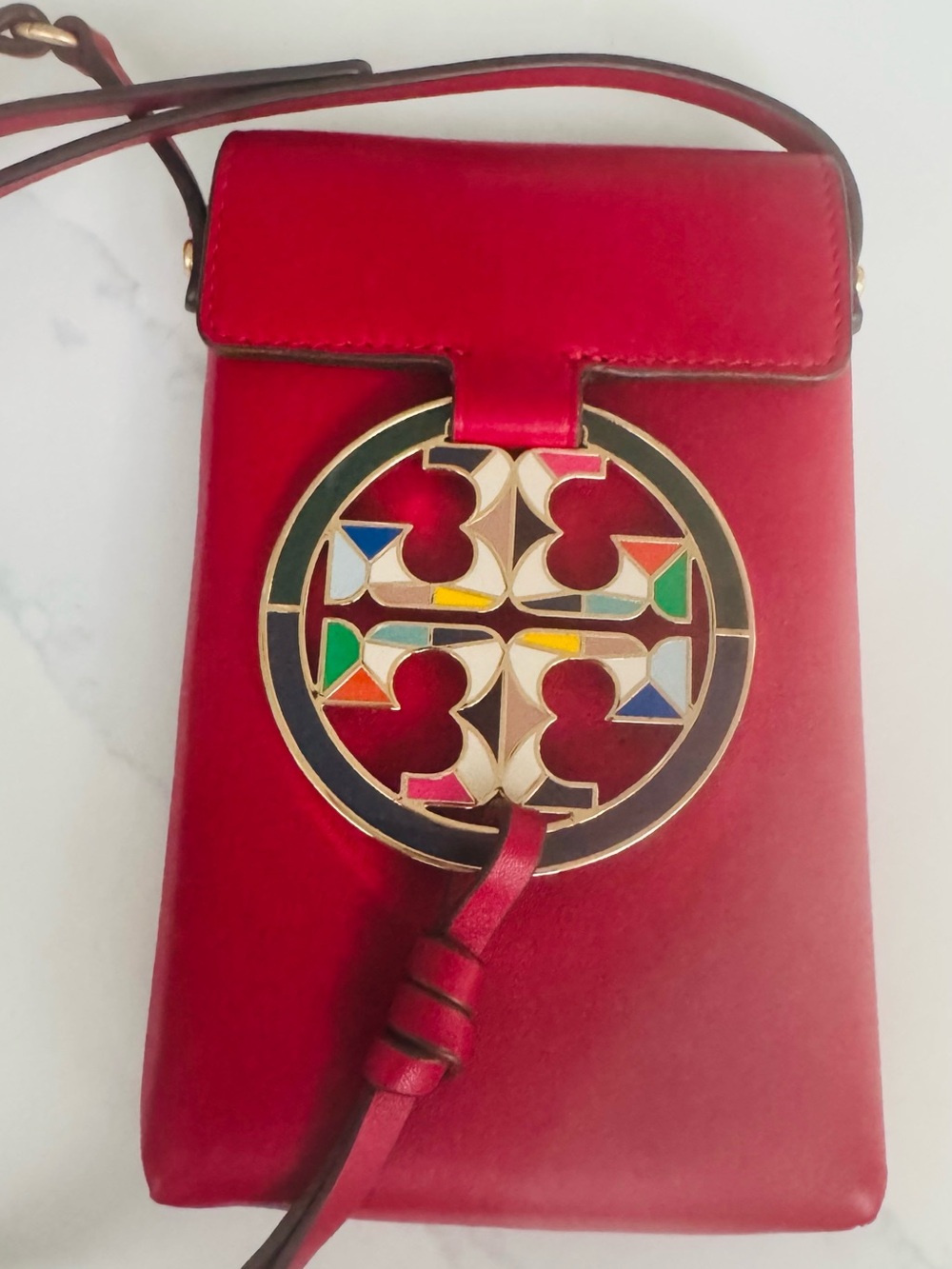 Tory Burch Red Leather Crossbody Phone Pouch with Multicolor Enamel Logo